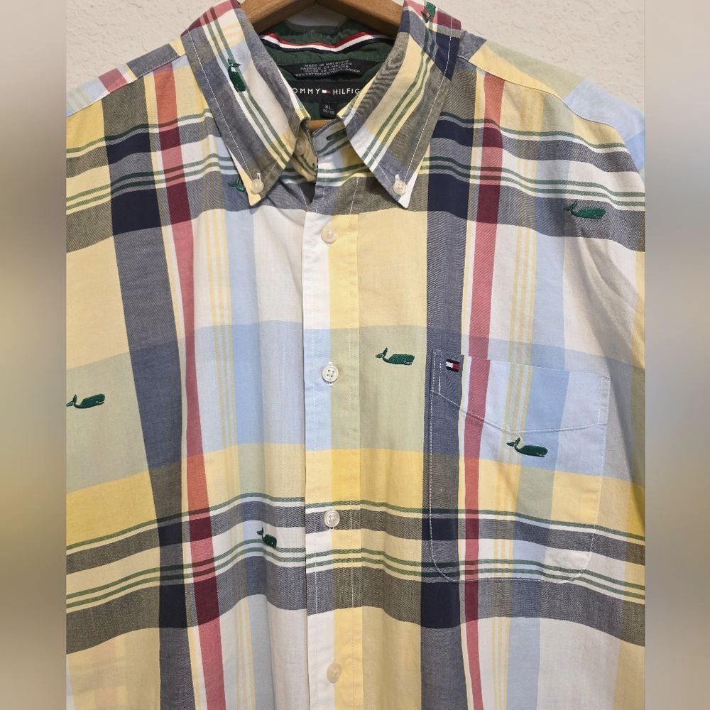 VTG Tommy Hilfiger Plaid Shirt Preppy Y2K Short Sleeve Embroidered Whales Men XL